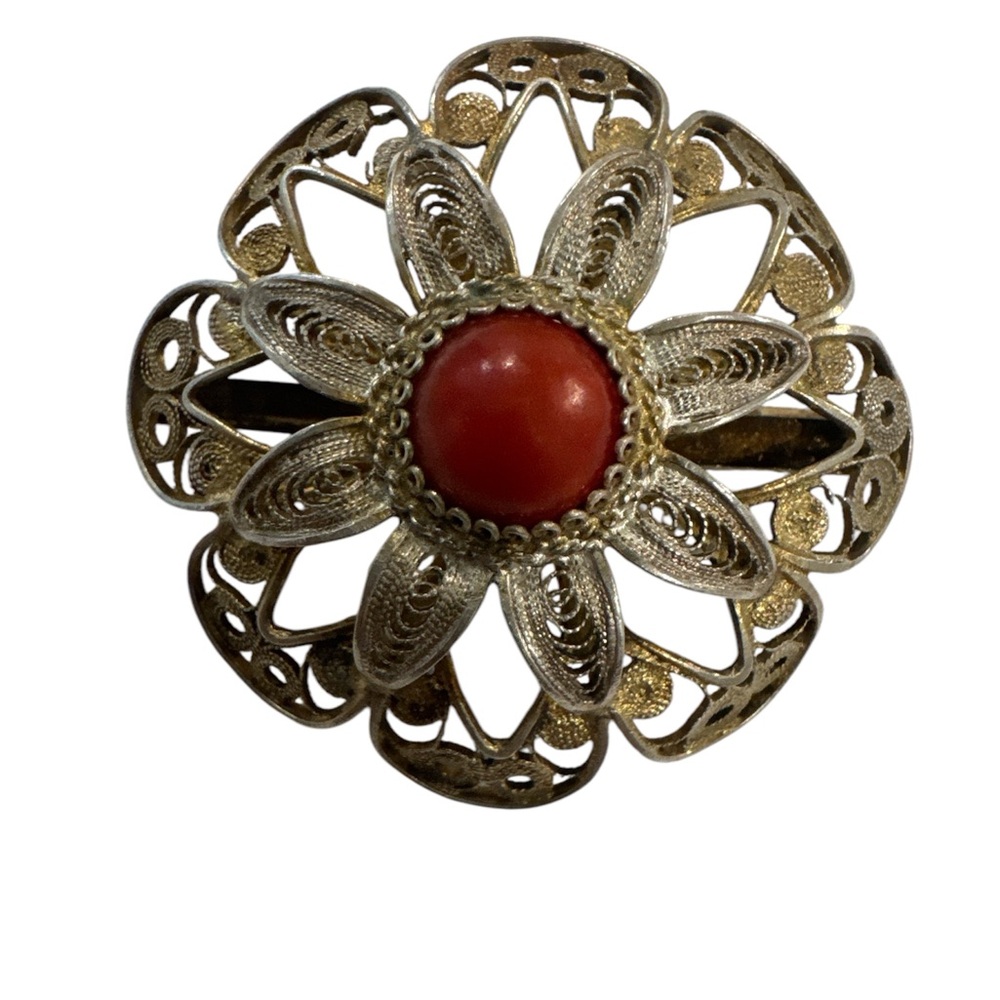 Vintage Brooch Red Coral 800 Silver filigree gold plated